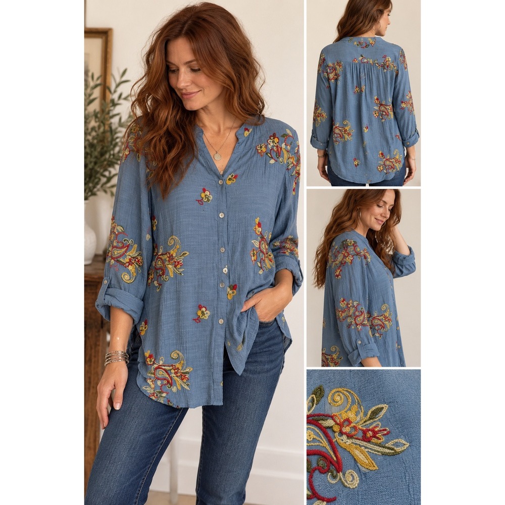 Fig and Flower Blouse XL Blue Floral Embroidered Boho Split Neck Button Up Top